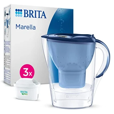 Image of BRITA Marella Water Filter jug Blue (2.4L) Starter Pack incl. 3x MAXTRA PRO All in 1 cartridge fridge fitting with digital LTI and Flip Lid now sustainable Smart Box packaging