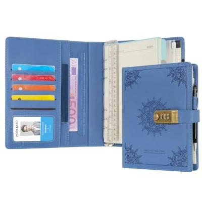 Image of WASON Diary with Lock A5 Binder Ruled Spiral Notebook Journal Planner Portfolio and Refillable Writing Lined Paper Notepad, Pen, Clipboard Organizer For Ideal Business, School &amp; Travel (Light blue)