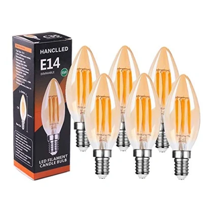 Image of E14 Dimmalbe LED Candle Bulbs, HANCLLED C35 Warm White 6W Vintage Edison Small Screw SES Filament Bulb Amber Decorative Lamp Light Bulbs Energy Saving Replacement [6 Pack]