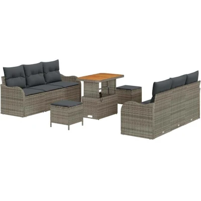 Image of vidaXL 9 Piece Garden Sofa Set with Cushions Grey Poly Rattan Acacia