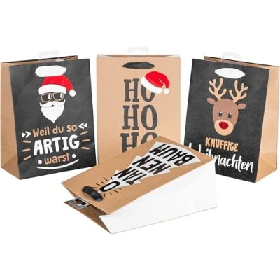 Image of HEKU Set of 24 Christmas Paper Gift Bags, 4 Motifs x mas Nature Trend, Hotfoil Finishing and Embossing, Practical Size (23 18 10 cm), Environmentally Friendly Reusable