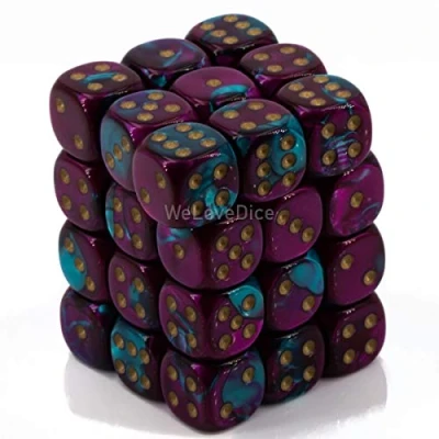 Image of Chessex Dice d6 Sets: Gemini Purple &amp; Teal with Gold 12mm Six Sided Die (36) Block of by