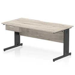 Image of Impulse 1600 x 800mm Scalloped Edge Office Desk Grey Oak Top Black Cable Managed Leg Workstation 1 Drawer Fixed Pedestal