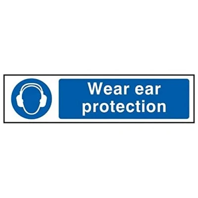 Image of Scan SCA5016 Centurion Wear Ear Protection Sign Health &amp; Safety Self Adhesive PVC 200mm x 50mm, White