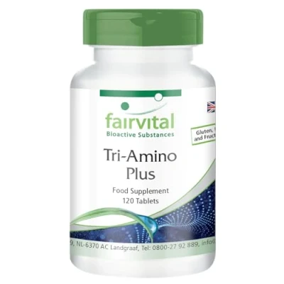 Image of Tri Amino Plus 120 Tablets Vegan Acid Complex with Minerals L arginine, ornithine, lysine, Calcium and Magnesium Made in Germany fairvital