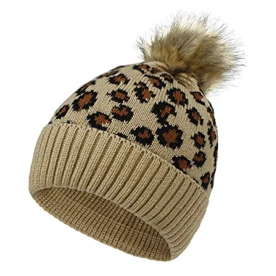 Image of Leopard Women Pom Knitted Beanie Hat Winter Warm Cap Bobble (Camel)