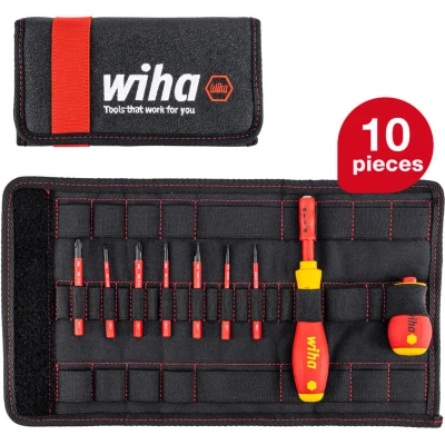 Image of Wiha screwdriver and bit set slimVario (41232) 10 pcs. in folding bag vde electricians including handle slotted, Phillips bits
