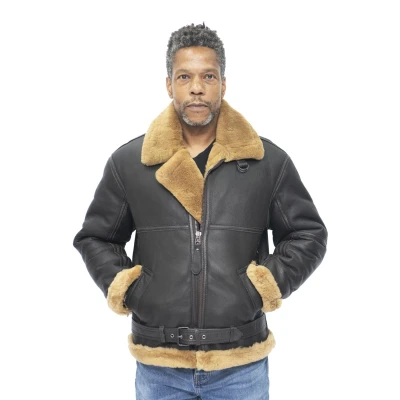 Image of Infinity Men’s Brown RAF Real Shearling Sheepskin Flying Leather Jacket with Ginger Wool 2XL
