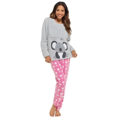 Image of undercover lingerie Ladies Koala Fleece Pyjamas LN1749 Grey/Pink 12 14