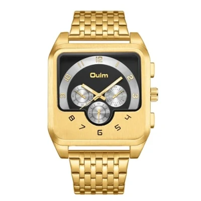 Image of JewelryWe Men Square Luminous Watch: Big Face Analog Quartz Movement Night Glow Casual Business Stainless Steel Band Large Dial Wristwatch