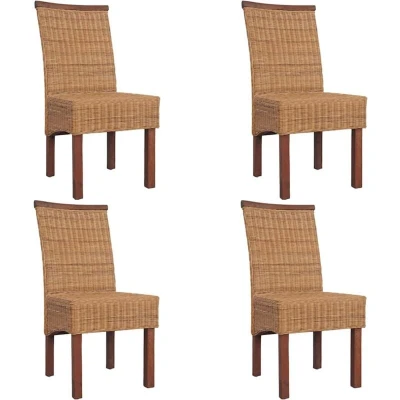 Image of vidaXL Dining Chairs Set of 4, Brown Natural Rattan, Handwoven, Comfortable Seat, Durable Hard Wood Frame, Tropical Look, Suitable for Room, Kitchen, or Office