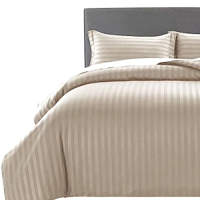 Image of MOONLIGHT20015 Duvet Cover Sets Hotel Quality Stripes Satin Bedding with Pillowcase, Reversible Hypoallergenic Soft Breathable Bed Covers (Beige, King)
