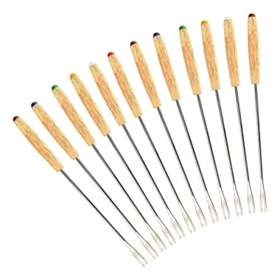 Image of GuDoQi Stainless Steel Fondue Forks, Set of 12, Roasting Sticks Marshmallow, Heat Resistant Oak Wooden Handle, Fruit Chocolate Fountain Cheese Forks (24cm)
