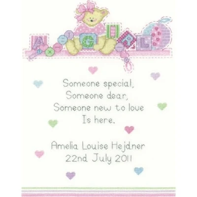 Image of Heritage Crafts 14 count aida Sue Hill Birth Sampler Baby Girl Counted Cross Stitch Kit