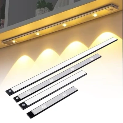 Image of LED Motion Sensor Cabinet Light, Rechargeable Lights Indoors, Under Kitchen Lights, Cupboard Light Indoor Magnetic Wireless USB 3 Color Temperature Stepless Dimming(Black,20cm/7.87in)