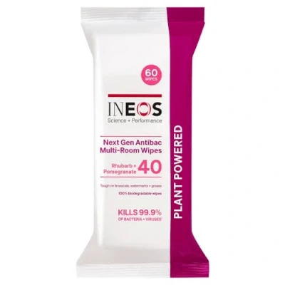 Image of INEOS Next Gen Antibac Multi Room Disinfectant Biodegradable 60 Wipes, Rhubarb + Pomegranate, Kills 99.9% of Bacteria Viruses, Plant Powered, Packaging May Vary