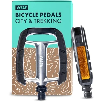 Image of AARON City Bicycle Pedals with Non Slip Rubber Grip and Sealed Industrial Ball Bearing, Trekking Reflectors for E Bike, Silver/Black