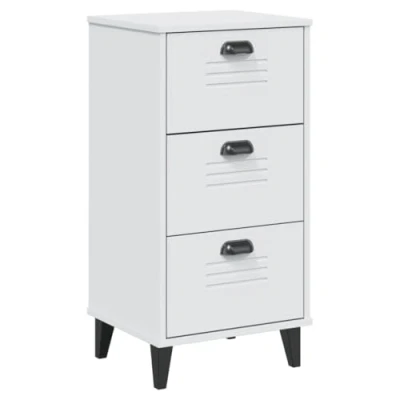 Image of vidaXL VIKEN Solid Pine Wood Bedside Cabinet White, 3 Drawers, Plastic Handles, Wooden Legs, Industrial Style, Ample Storage, Easy Maintenance