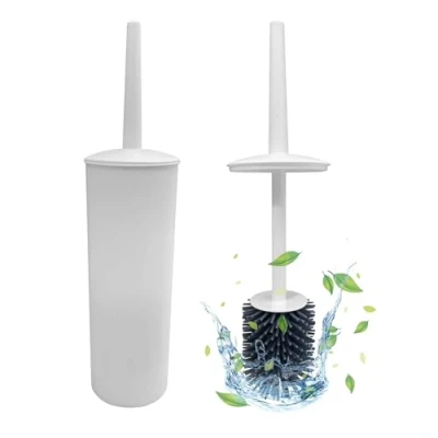 Image of Twin Pack, Toilet Brush with Drainage Holder Set,Flex Silicone Anti Clog Drip Head, White, 2 Pack