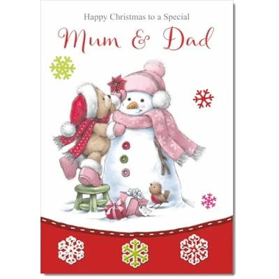 Image of doodlecards Mum and Dad Christmas Card Cute Bear with Snowman Medium Size for &amp; Plain Envelope
