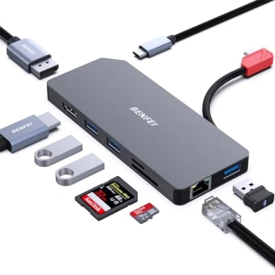 Image of 【Ultra thin&amp;Portable】BENFEI 9 in 1 Portable Docking Station, USB C MST Hub to HDMI DisplayPort Dual Monitor/3*USB Type A/1*USB C(10Gbps+100W PD)/SD/TF Card Reader/1*RJ45