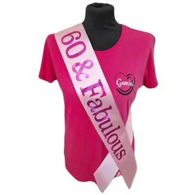 Image of 60th Birthday Sash 60 &amp; Fabulous Beautiful Quality Pink Ribbon and Holographic Font
