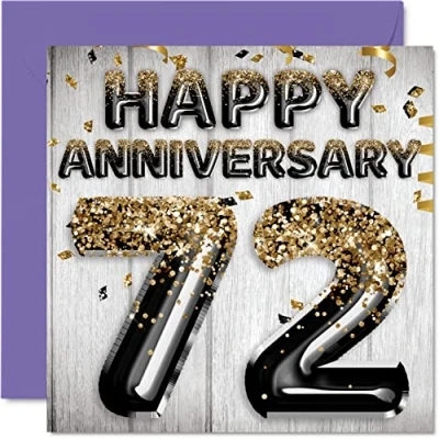Image of Awesome 72nd Anniversary Card for Husband Boyfriend Wife Girlfriend Black Gold Glitter Balloon Happy 72 Cards from Family, 145mm x Greeting Seventy Second Anniversaries