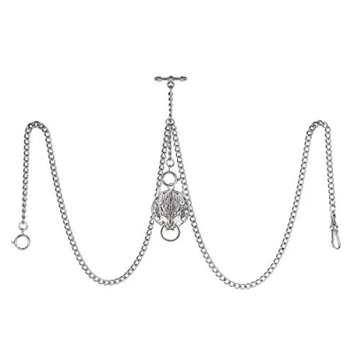 Image of TREEWETO Men&#039;s Double Albert Chain Pocket Watch Curb Link Key 3 Hooks with Antique Wolf Silver Pendant Design Charm Fob T Bar