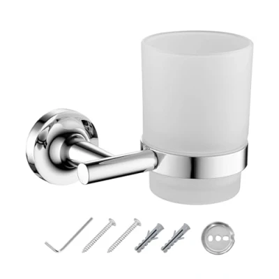 Image of JASSFERRY Wall Mounted Toothbrush Holder Frosted Glass Tumbler Tooth Brush Bathroom Toothpaste Round Cup Set Chrome