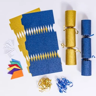 Image of evelay 12 Make Your Own Christmas Cracker Kit DIY Navy &amp; Gold Glitter Crackers Hats Snaps Jokes (Navy, Gold)