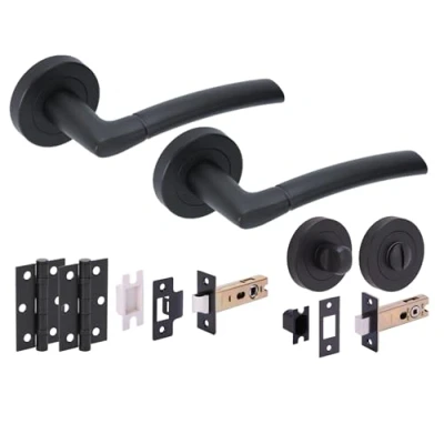 Image of HANDLEZONE® Nemo Door Handles on Rose Bathroom Deadbolt Pack with Ball Bearing Hinges Black Matt