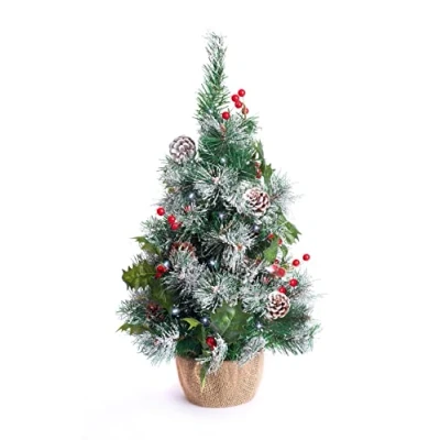 Image of Best Artificial 2ft / 60cm Small Decorated Indoor Christmas Tree with 20 Bright White LED Battery Lights (Frosted Red)