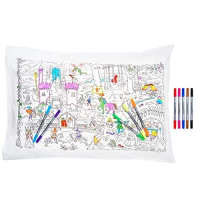 Image of eatsleepdoodle Colouring Pillowcase For Kids w/ 10pk Washable Markers 75x50cm Fairytales &amp; Legends Ultra Reusable Arts and Crafts
