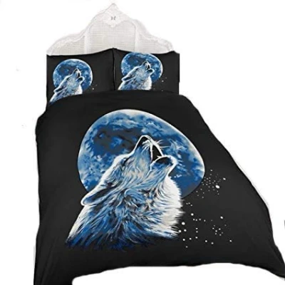 Image of Y H Yorkshire Homeware 3D Effect Animal Printed Soft Duvet Cover Quilt Bedding Set With Pillowcases Wolf Moonlight (King)