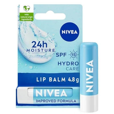 Image of NIVEA Lip Balm Hydro Care with SPF 15 (4.8g), Hydrating Shea Butter, Natural Oils and Vitamins, Provides 24 Hour Moisture Protection,