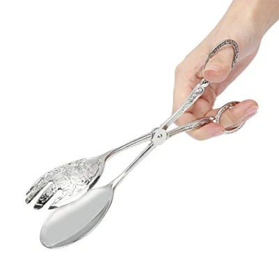 Image of 9 Buffet Serving Tongs Bronzeor Silver Kitchen Food Carved Royal Metal Snacks Salad Cake Bread for Party Appetizers &amp; Catring (Silver)