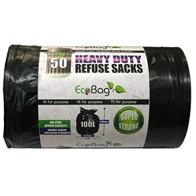 Image of EcoBag 100 Pack Extra Strong Heavy Duty Refuse Sacks 100L 33 Microns Recyclable Bin Bags, Leak Resistant, Eco Friendly, Durable Waste Disposal Bags for Household &amp; Commercial Use (736x990mm)