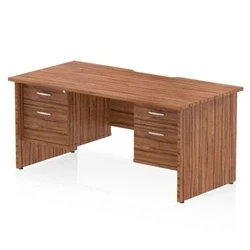 Image of Impulse 1600 x 800mm Scalloped Edge Straight Office Desk Walnut Top Panel End Leg Workstation 2 Drawer Fixed Pedestal