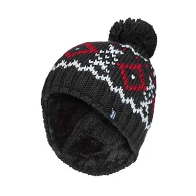 Image of HEAT HOLDERS Mens Chunky Knit Fleece Lined Thermal Winter Warm Beanie Bobble Hat with Pom (One Size, Charcoal/Red)