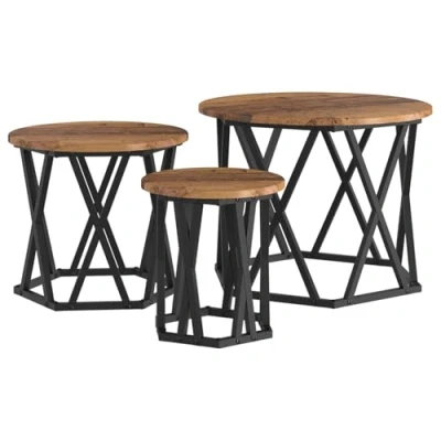 Image of vidaXL rustic round coffee table set of 3 solid wood and metal, brown, indoor living room furniture, space saving nestable design