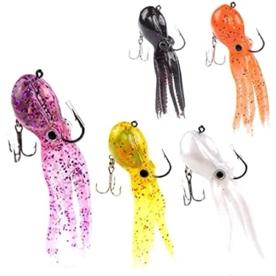 Image of Octopus Lure 5 Pcs Fishing Lures with Hook Skirt Tail Soft Squid Jigs Swimbait Lingcod Rockfish Artificial Bait for Saltwater Ocean 3.54Inch/23g