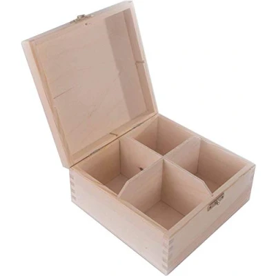 Image of Square Wooden Box with 4 Sections &amp; Clasp 16.3 x 8 cm Accessories Storage Case Tea Bag Sewing Jewellery Caddy Organiser Divided Compartments Natural Unpainted Untreated Decorative Wood