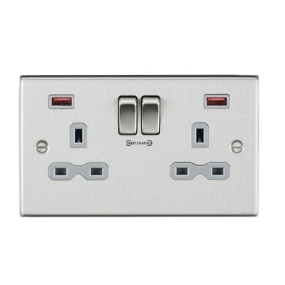 Image of KnightsBridge 13A 2G DP Switched Socket with Dual USB FASTCHARGE ports (A + A) Brushed Chrome grey insert