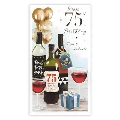 Image of Male 75th Birthday Card Age 75 Time to Celebrate Artistic Wine Design Special Finishes and Illustrated Insert Leaf Made in the UK