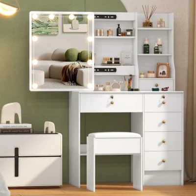 Image of Dressing Table with LED Lights &amp;Sliding Mirror Set,Vanity Makeup Desk 5 Drawers Cushioned Stool for Bedroom (Modern UK06)