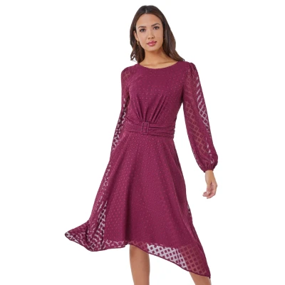 Image of Roman Womens Textured Diamond Belted Chiffon Midi Dress Wine Size 16 UK