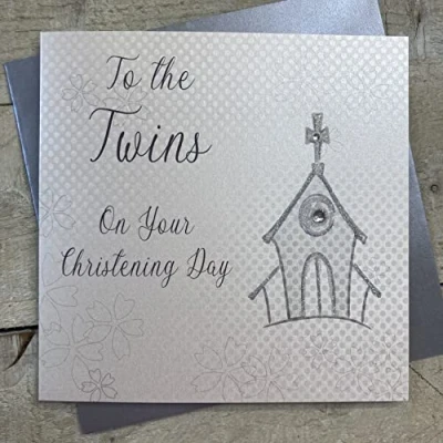 Image of white cotton cards To The Twins On Your Christening Day Card, Silver, WB267, 16cm x 16xm