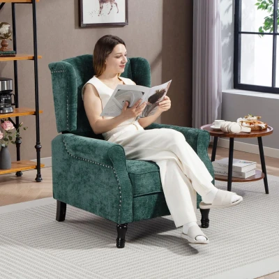Image of HOMCOM Recliner Armchair, Vintage Reclining Chair with Nail Head Trim, Wingback Button Tufted Back and Footrest, for Living Room, Dark Green