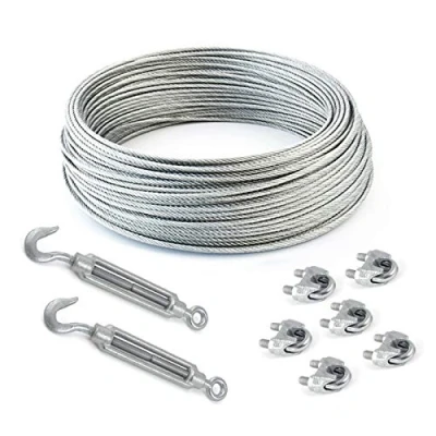 Image of Set 100m Steel Wire Rope galvanised 8mm Strand: 6x19 + 6 Clips 2 turnbuckles Hook Eye Many Sizes Avaliable