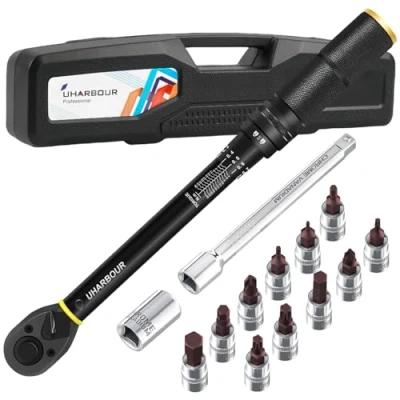Image of Uharbour 3 25 Nm Torque Wrench for Bicycles, 1/4 Wrench, Bicycle Set with Bits and Extension Rod ±3% Error Accuracy, Small